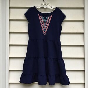 Wonder Nation Girls Dress Size M (7/8) Navy Flare Pink Embroidered V Cutout Back